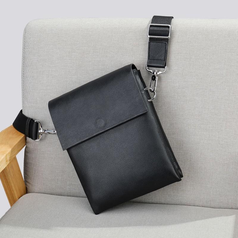 Trendy Men s Leather Bag New Versatile Flip Phone Top Layer Cowhide Large Capacity Crossbody Shoulder чёрный