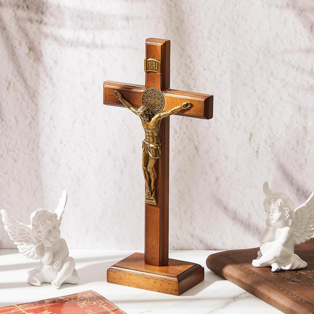 Leinuosen 101 Inch Wooden Cross Wall and Table Catholic Wooden Cross Stand Decoration Jesus Christ Home Baptism Holy Communion Church