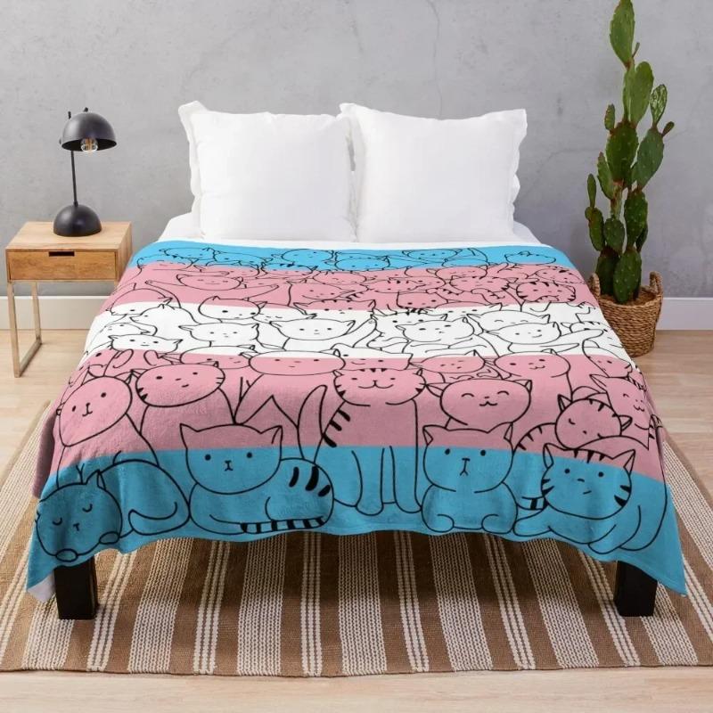 Trans Transgender Cat Pride Flag Throw Blanket Sofa Quilt Bed covers Soft Plush Plaid Blankets