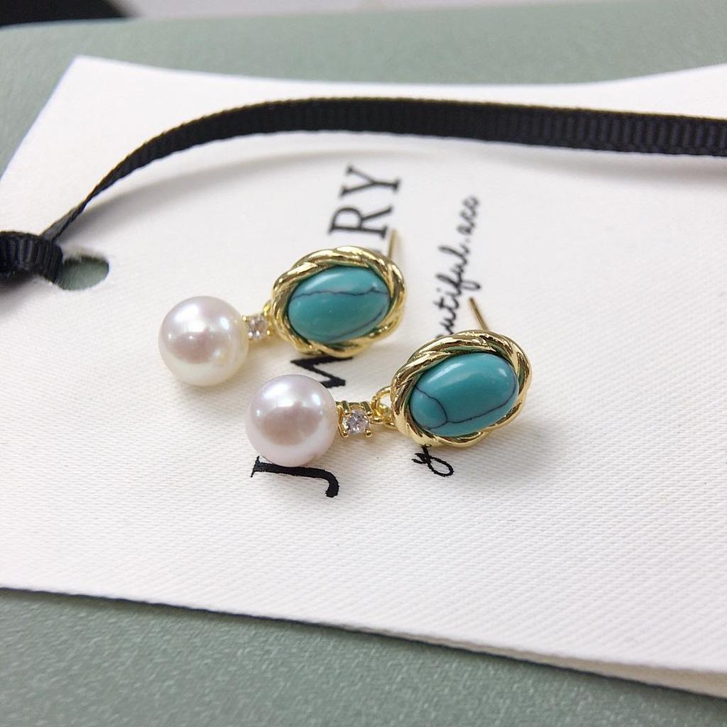 Natural Freshwater Pearl & Turquoise Earrings - Retro Court Style