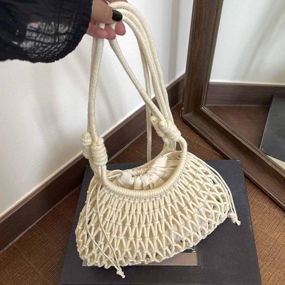 Net Pouch Yarn Woven Crossbody Bag Large Capacity Hollow Fishnet Bag Crochet Shoulder Pouch  School