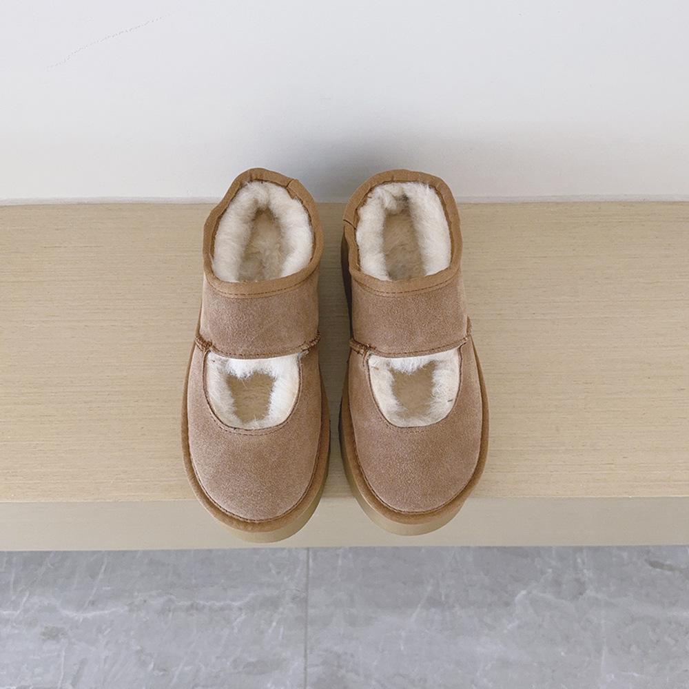 Cowhide Velvet-Lined Women's Winter Mary Janes with Thick Soles