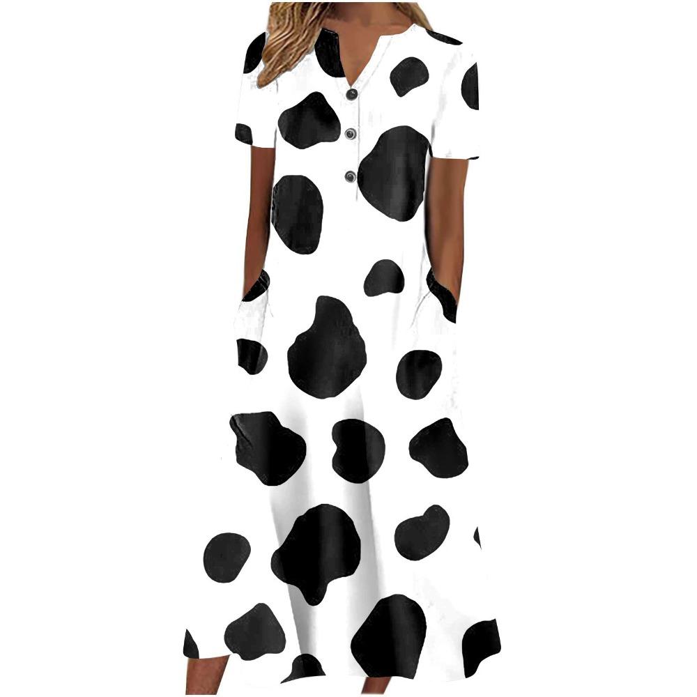 Women's V‑Neck Button Short Sleeve Midi Dress Loose Printed Casual Dress With Side Pockets