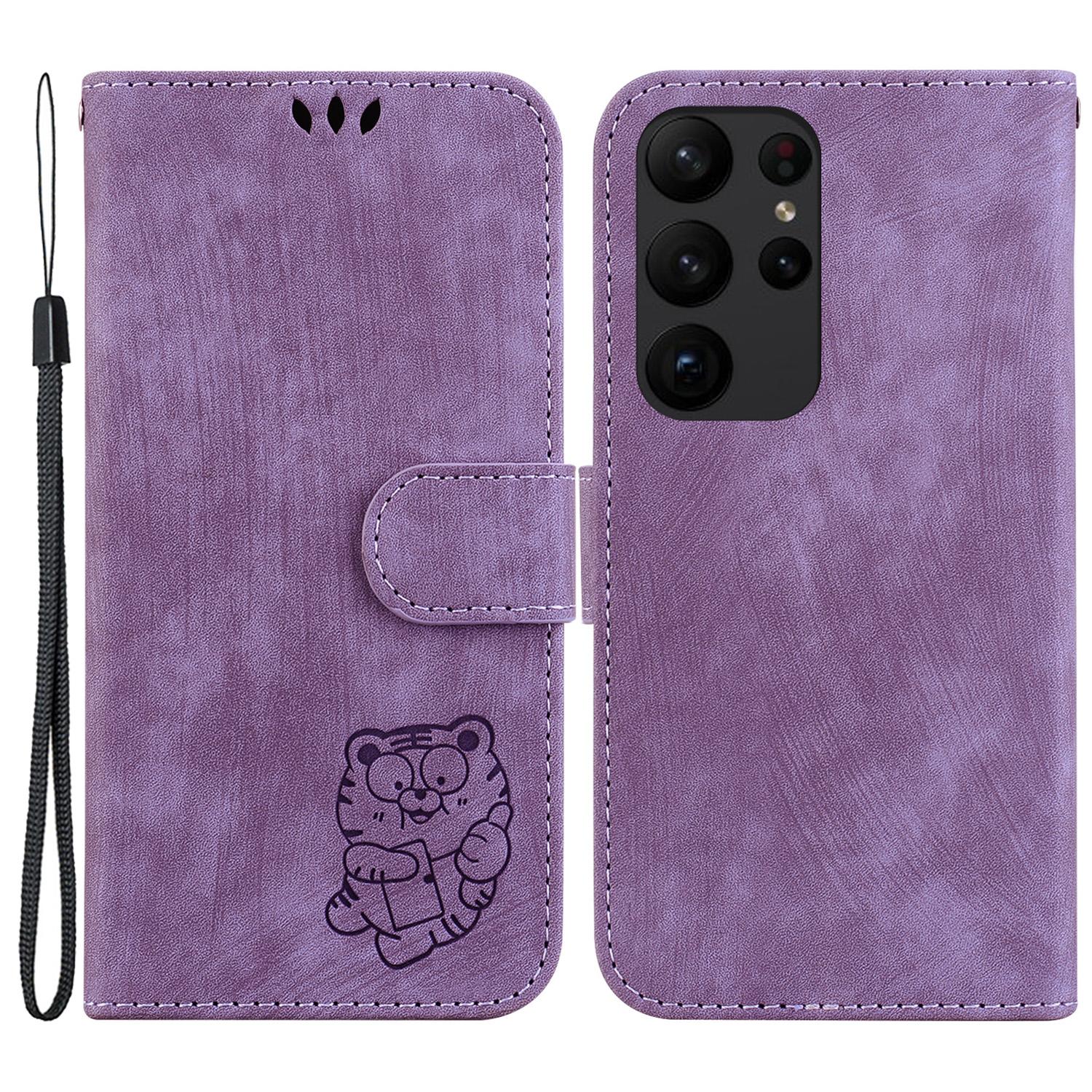 

For Samsung Galaxy S23 Ultra Anti-drop Shell Cute Tiger Imprint Leather Wallet Stand Phone Case Purple