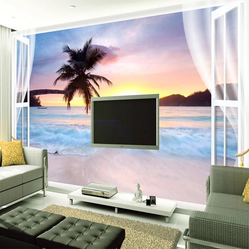 3D Küstenlandschaft Tapete Kokospalme Fenster Wandbild Wohnzimmer Schlafzimmer Wandpapiere Heimdekor