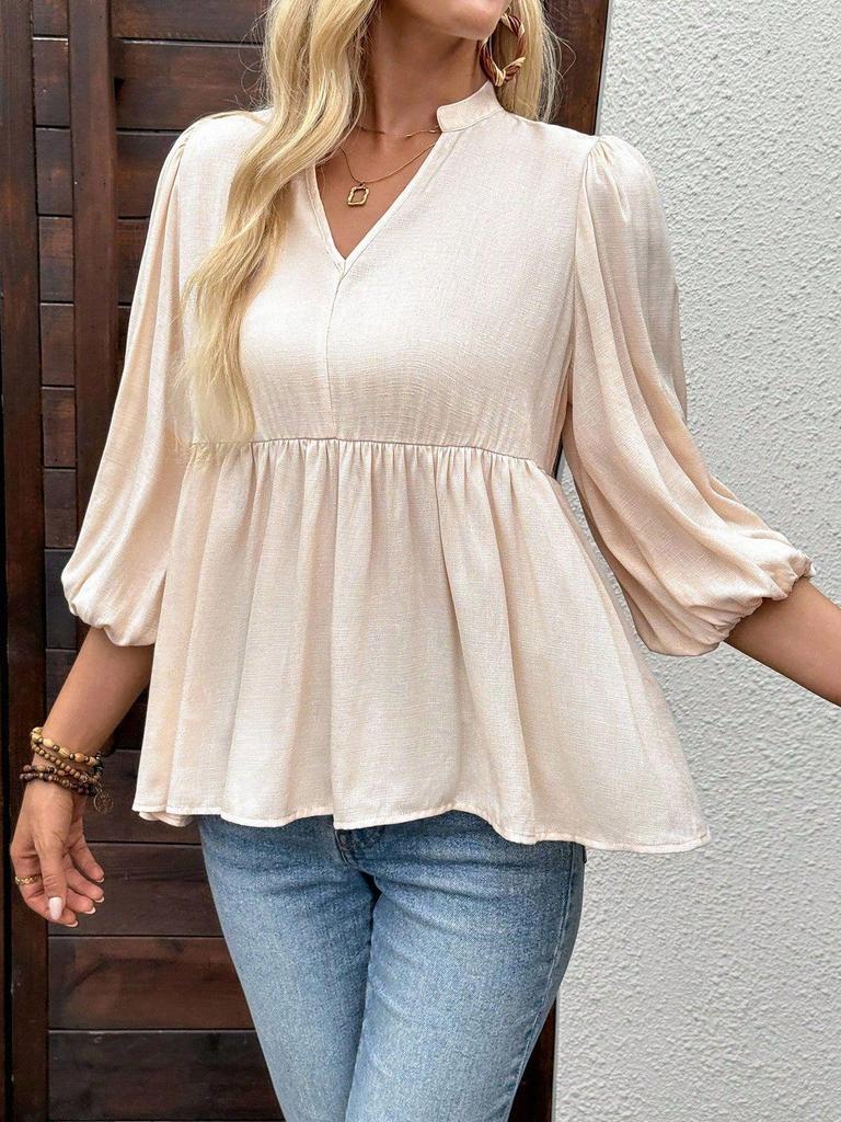 Women's V-Neck Waist-Cinching Puff Sleeve Shirt with Skirt-Style Hem and Stand-Up Collar
