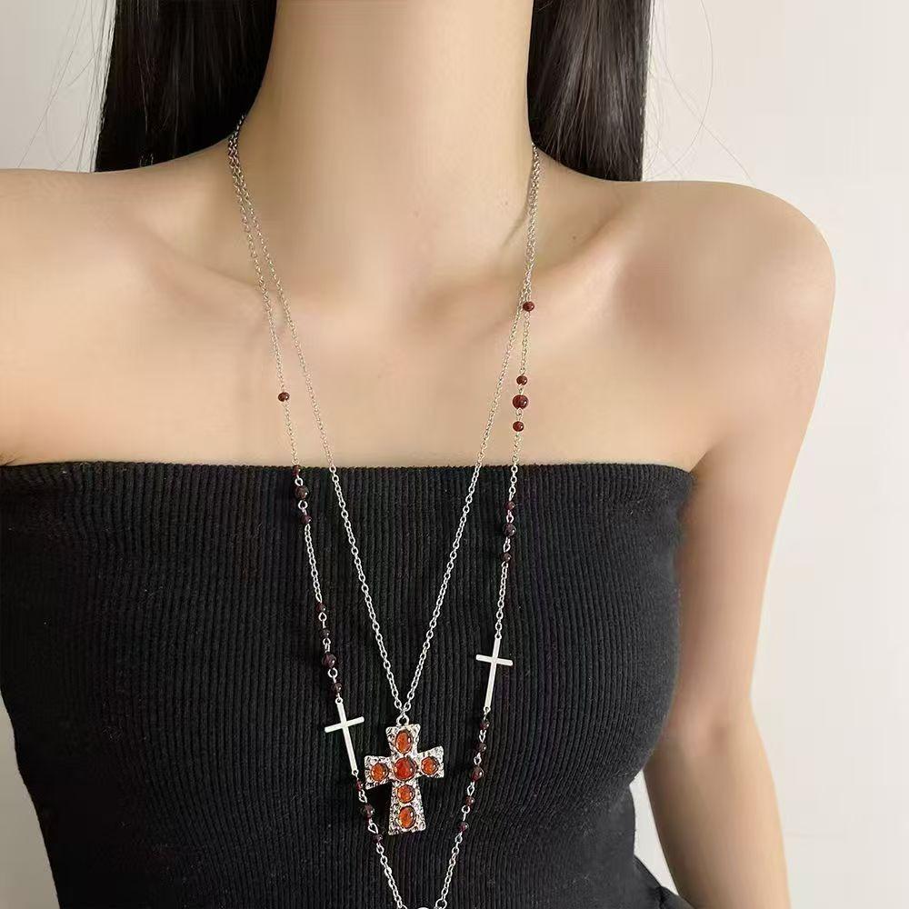Retro Punk Multi-layer Fold Wear Red Teardrop Tassels Crystal Cross Pendant Necklace for Women Hot Girl Personality Jewelry Gift