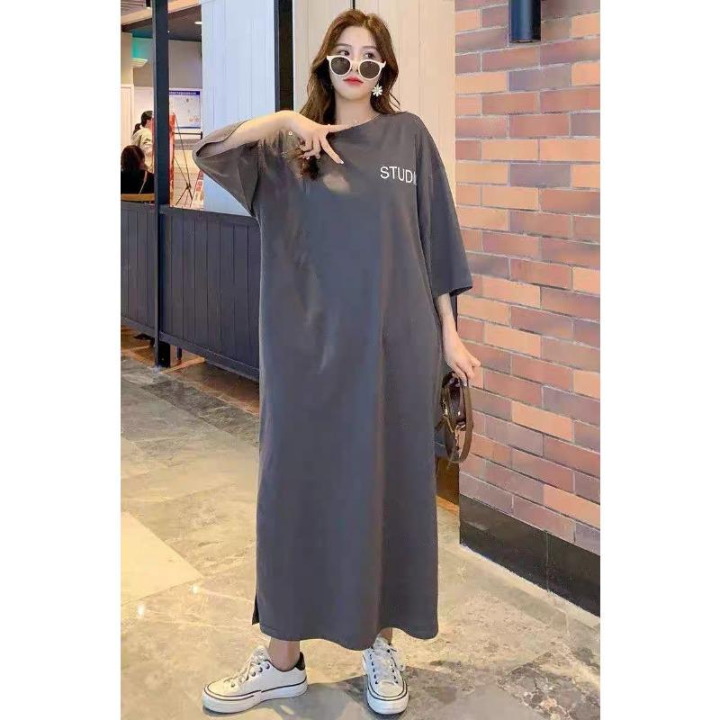 Loose-fitting Large-sized Round-neck Short-sleeved T-shirt Skirt, Long Summer New Style Laid-back Dress, Women's Over-the-knee Nightgown