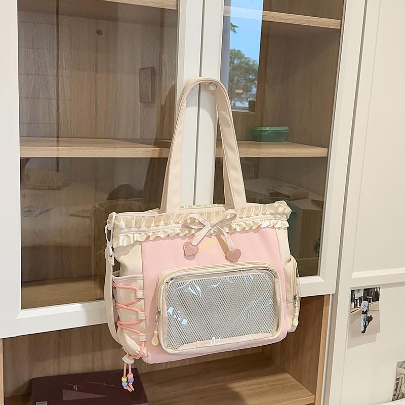 Women's Color Block College-Style Backpack with Ballet Ruffle Lace Design