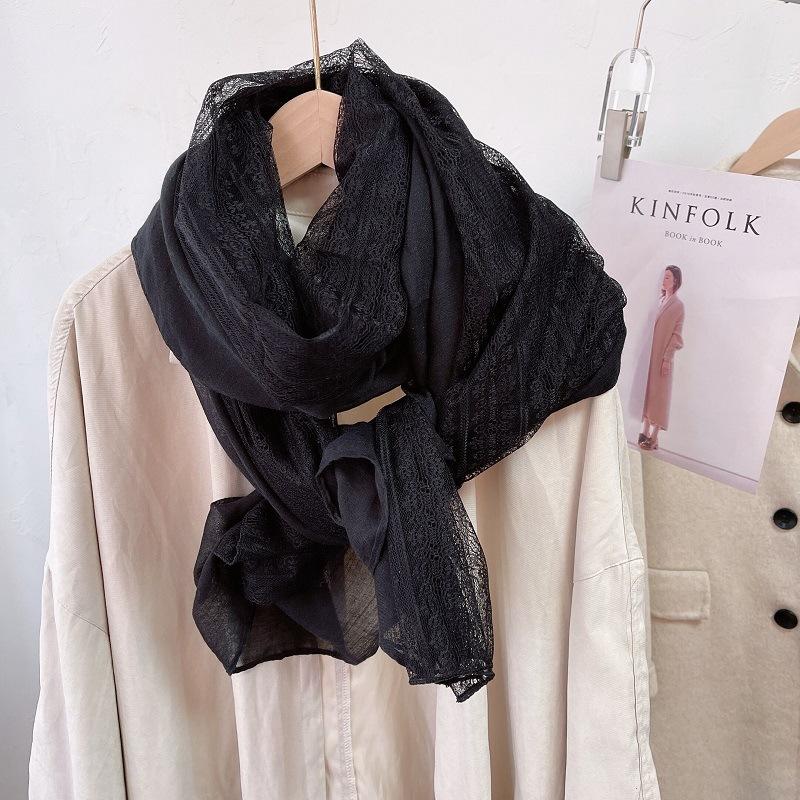 Eșarfă de Modă din Bumbac și In 180*90cm cu Garnitură de Dantelă, Eșarfă Șal pentru Patru Sezoane, Gaze de Plajă Lungă și Ușoară pentru Călătorie