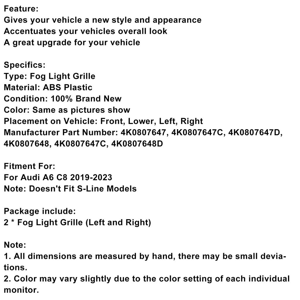 2PCS Front Bumper Fog Light Cover Grill Grille Fit A6 C8 2019-2023