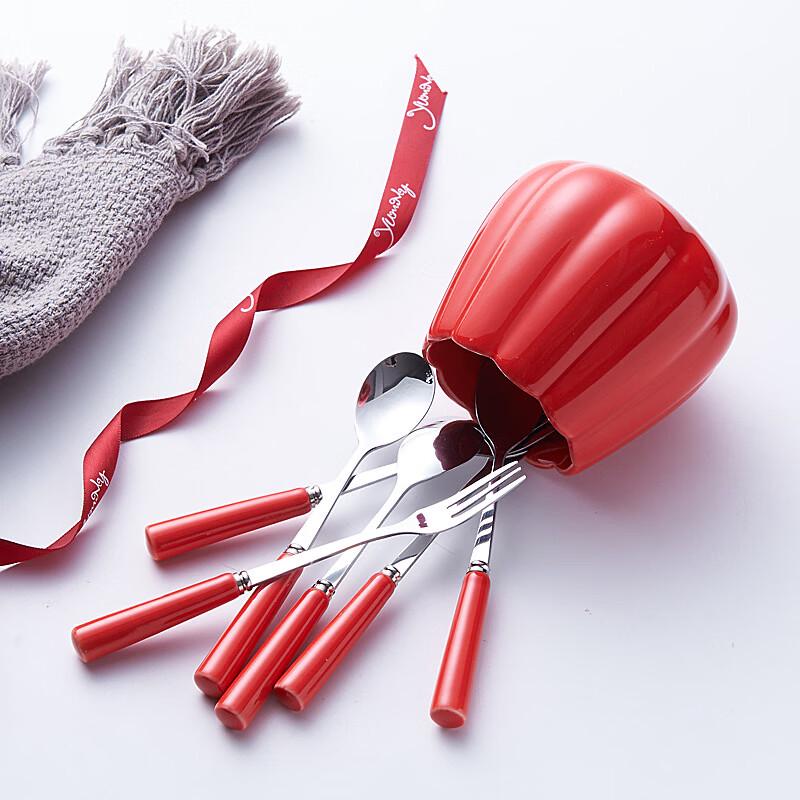 Zhi Shi Stainless Steel Fruit Fork Set with Ceramic Holder