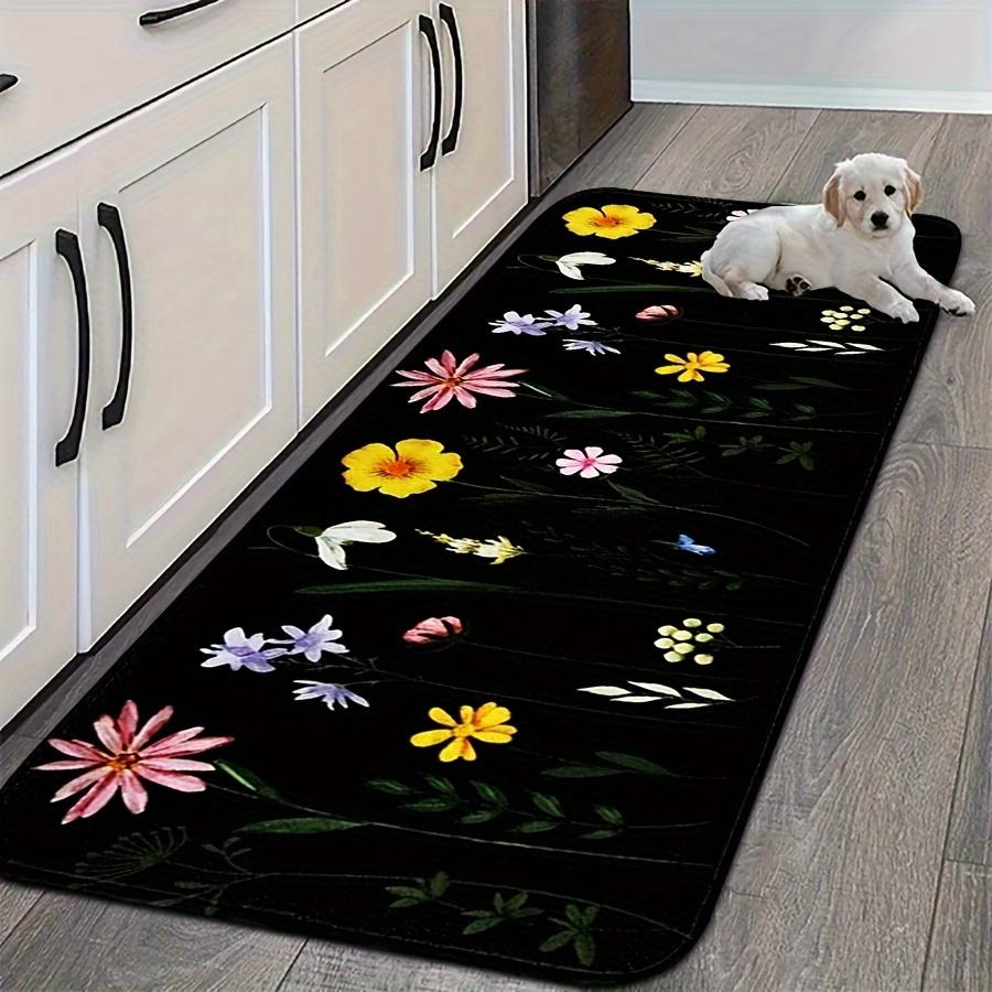 1Pcs Black Color Flower Pattern Floor Mat Modern Kitchen Polyester Rug Non-Slip Colorful Indoor Carpet, For Home Bathroom Bedroom Living Room Decor