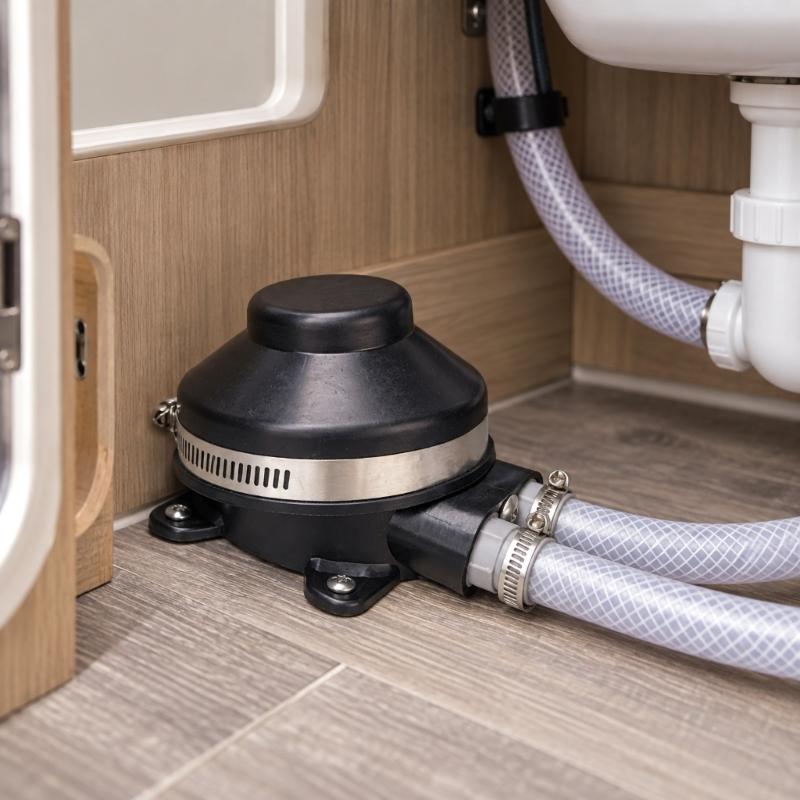 Four Hole Mounting Foot Water Pump with Plastic Body and Metal Retaining Band for Fixed Motorhome Bathroom or Boat Water-System Installation