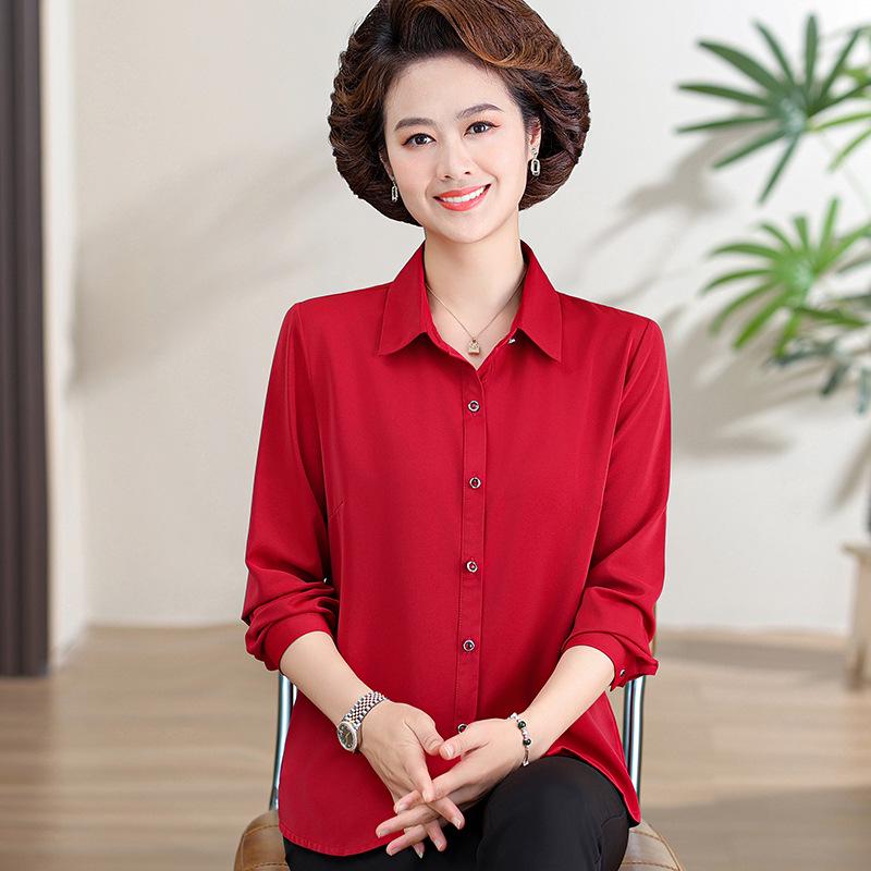 

Elegant Women s Mulberry Silk Shirt - Long Sleeve, Solid Color, Ideal for Middle-aged and Elderly. Perfect Gift for Mother-in-law. 2XL (110-120 lbs) червоний