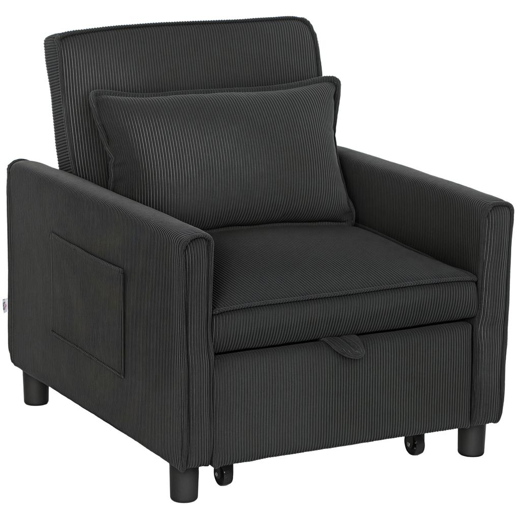 Reclining Sofa Bed Armchair with Side Pockets, In Velvet-Effect Fabric, 74x84x81 Cm, Dark Grey