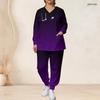 Women Plus Size Green Printed Nurse Scrub Set V Neck Long Sleeve Top With Pockets Long Pants