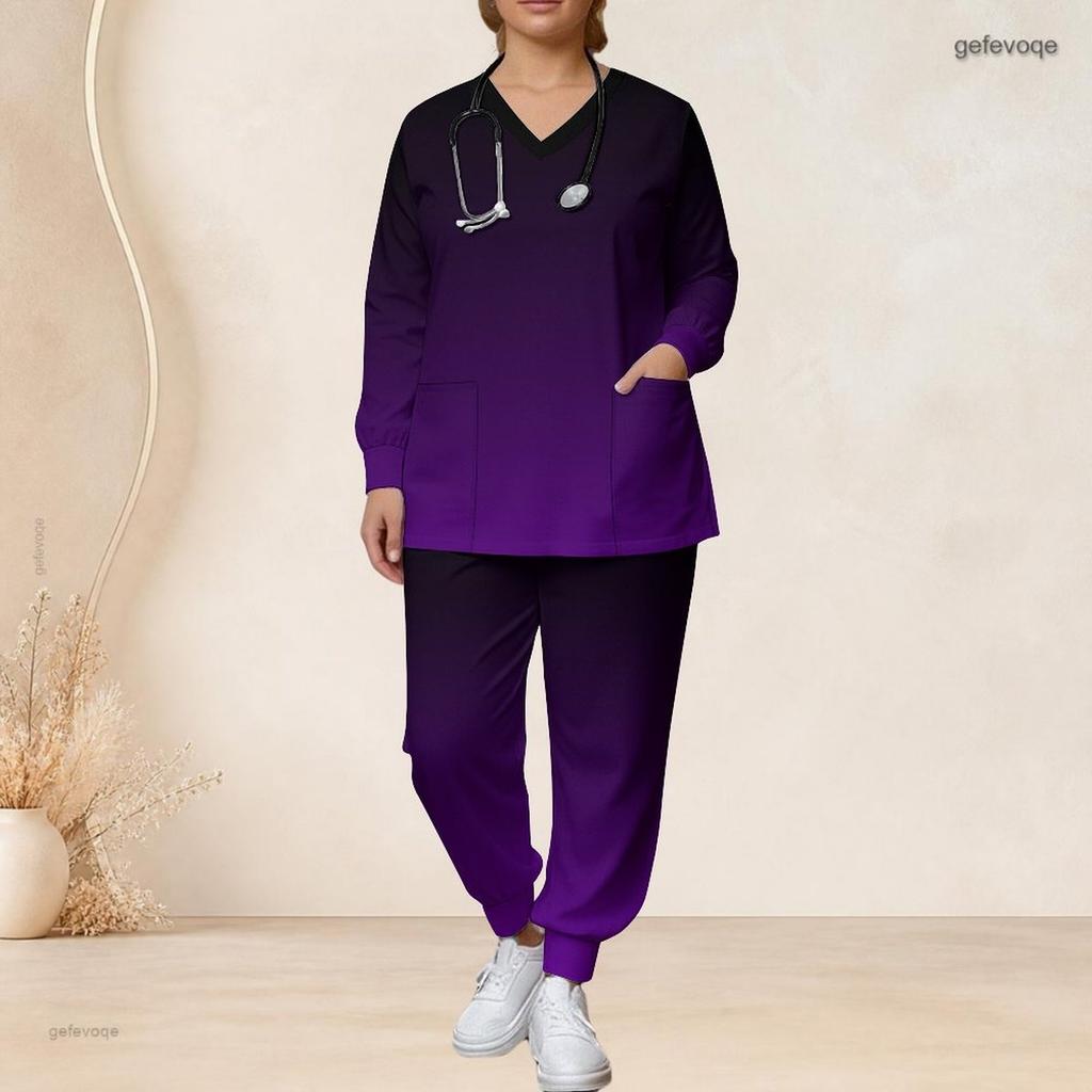 Women Plus Size Green Printed Nurse Scrub Set V Neck Long Sleeve Top With Pockets Long Pants