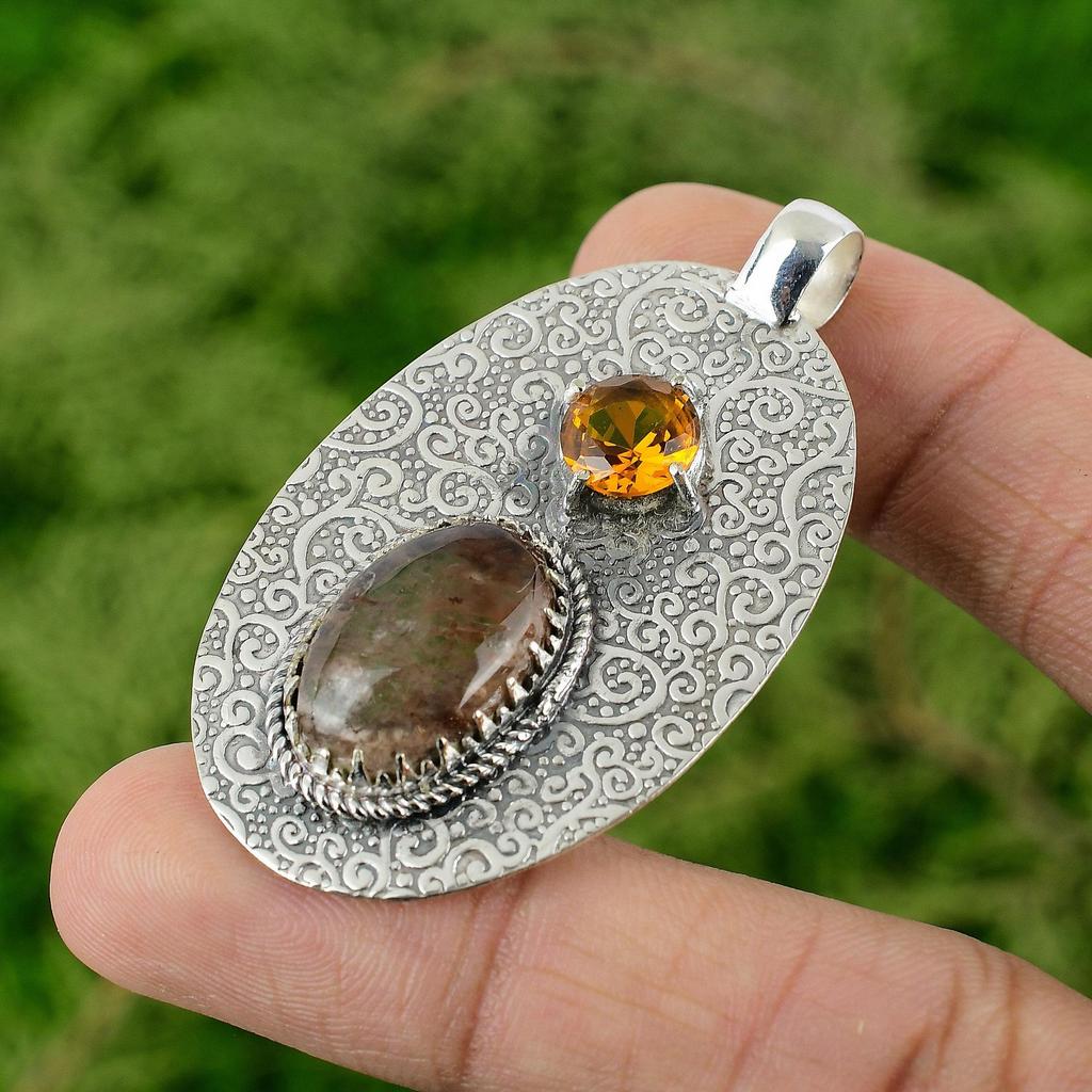 Daughters Day Sale Natural Elestial Quartz Citrine Pendant Jewelry 925 Silver