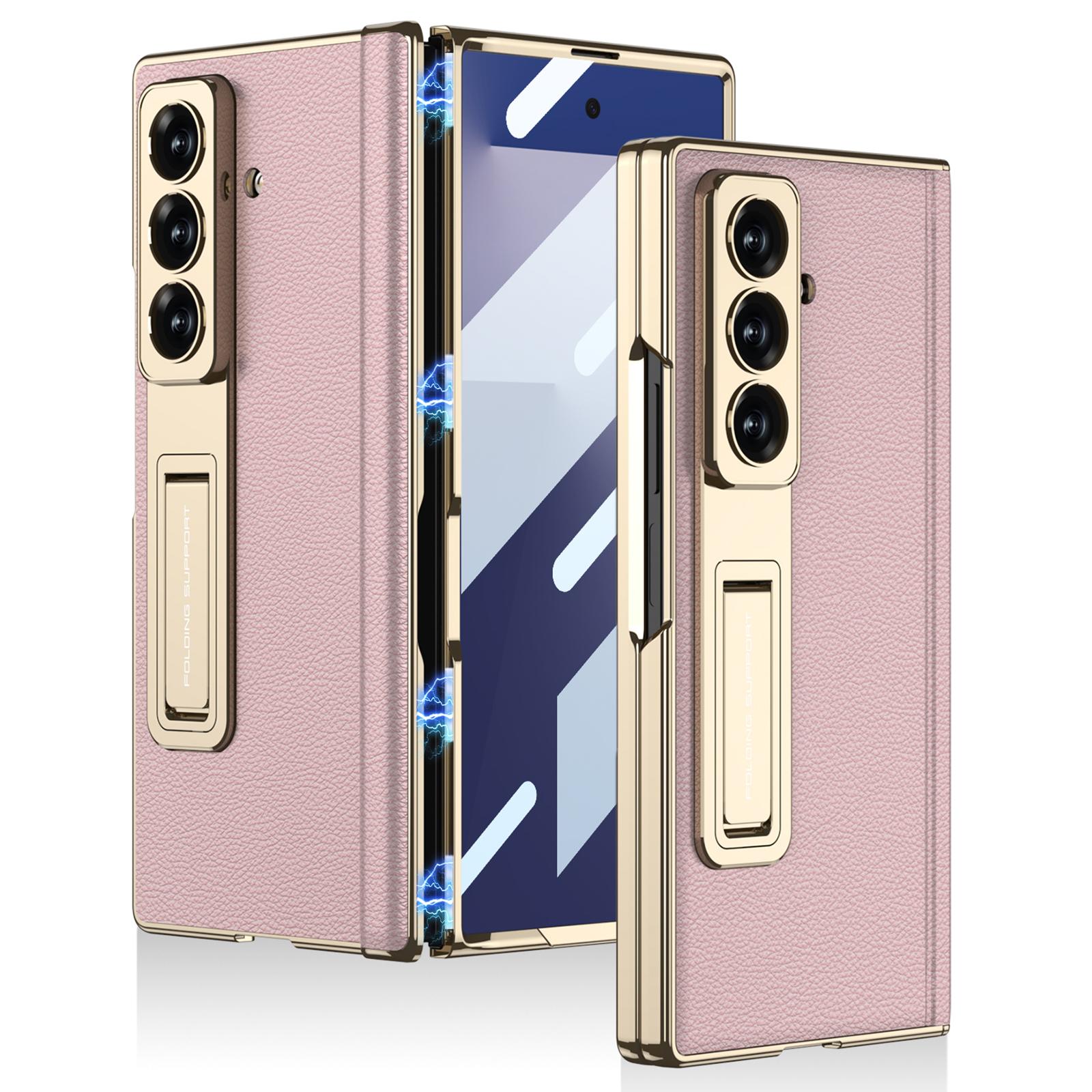 

For Samsung Galaxy Z Fold7 5G Case with Kickstand PU PC Tempered Glass Protective Phone Cover Light Pink