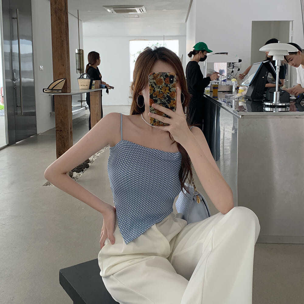 Hong Kong Style Retro Spring and Summer Irregular Plaid Camisole Vest Short Outer Wear Slim Fit Top For Girls