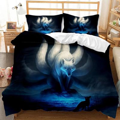 Wolf Bettbezug Set 3D Tiermotiv Bettwäsche Set Retro Cool Wilder Wolf Blauer Himmel Doppel Queen King Size Weiche Polyester Steppdecke