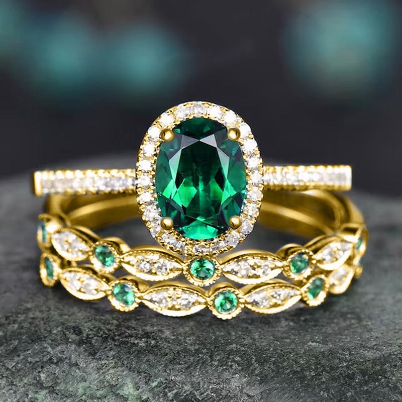

Huitan Noble Green CZ Set Rings for Women Wedding Anniversary Party Temperament Elegant Lady Accessories Gift Hot Trendy Zircon 6