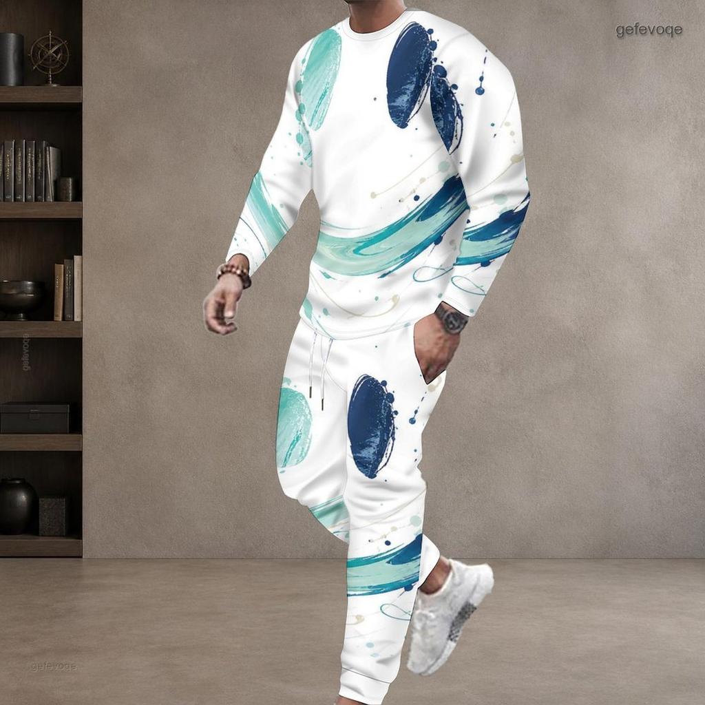 Men Plus Size Printed Two Piece Set Round Neck Long Sleeve Top Cuffed Pants