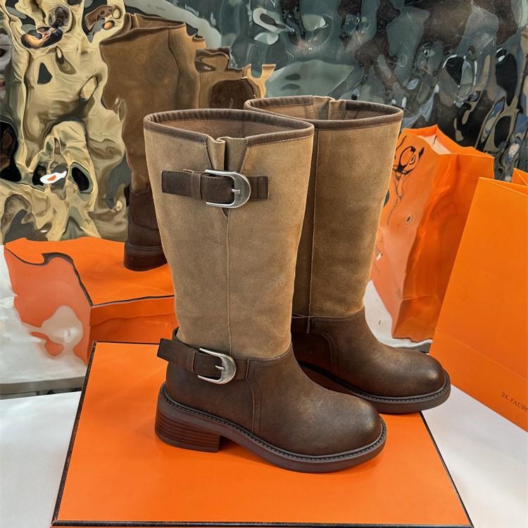 Dong Jie hat die gleichen farblich passenden plissierten Stiefel zum Stapeln, Damenlangschaft-Maillard-Overkneestiefel, großer Schaftumfang, Western-Cowboy-Reiterstiefel