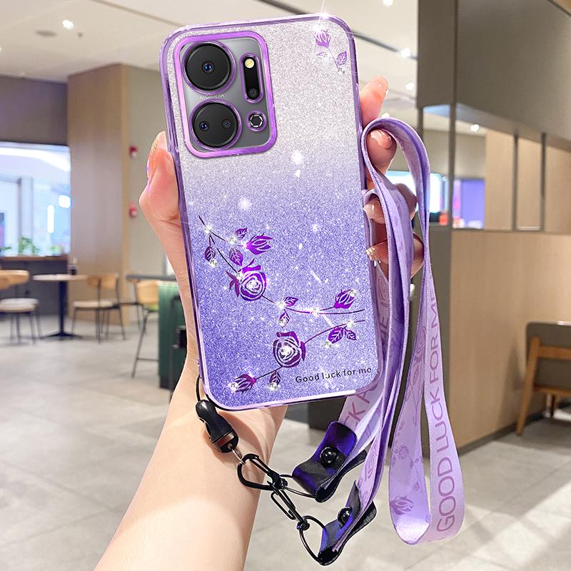 

KADEM For Honor X7a 4G TPU Cover Gradient Glitter Rhinestone Flower Phone Case with Strap Purple