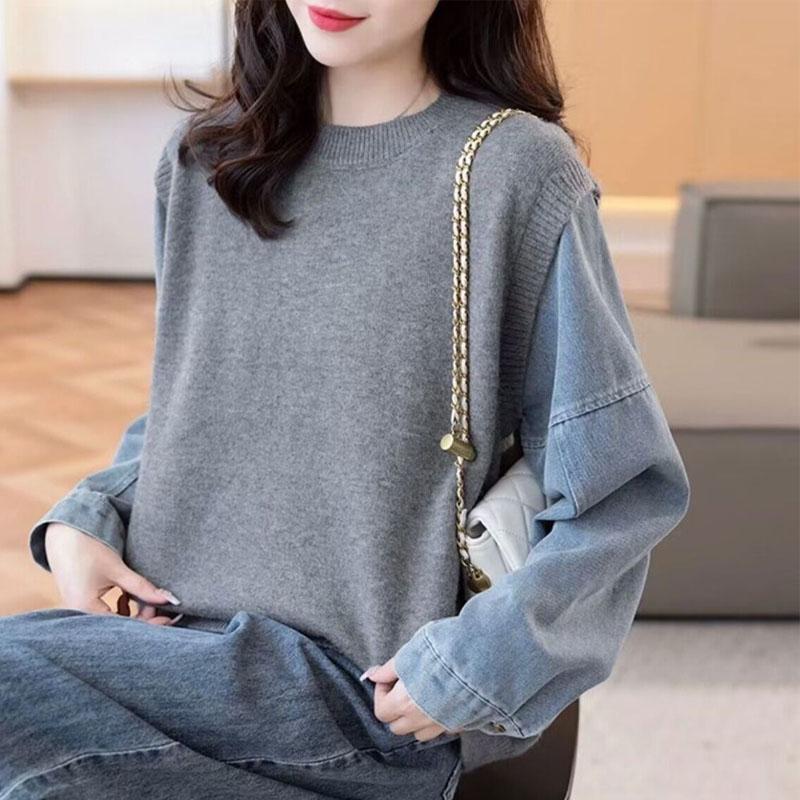 New Autumn Winter Fashion Korean Edition Spliced Denim Sleeve Fake Two Piece Round Neck Versatile Loose Knitted Women's Sweater