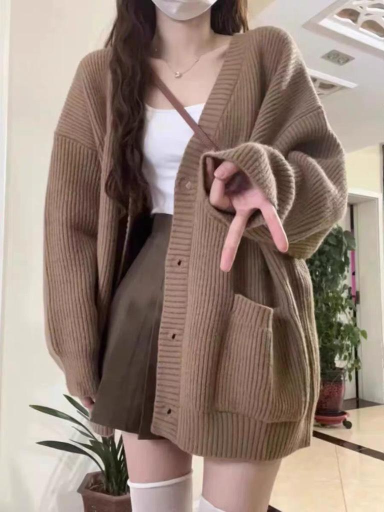 New Autumn/Winter V-neck Wool Cardigan: Women's Korean Style, Single-Breasted, Loose Fit, Mid-Length Top.