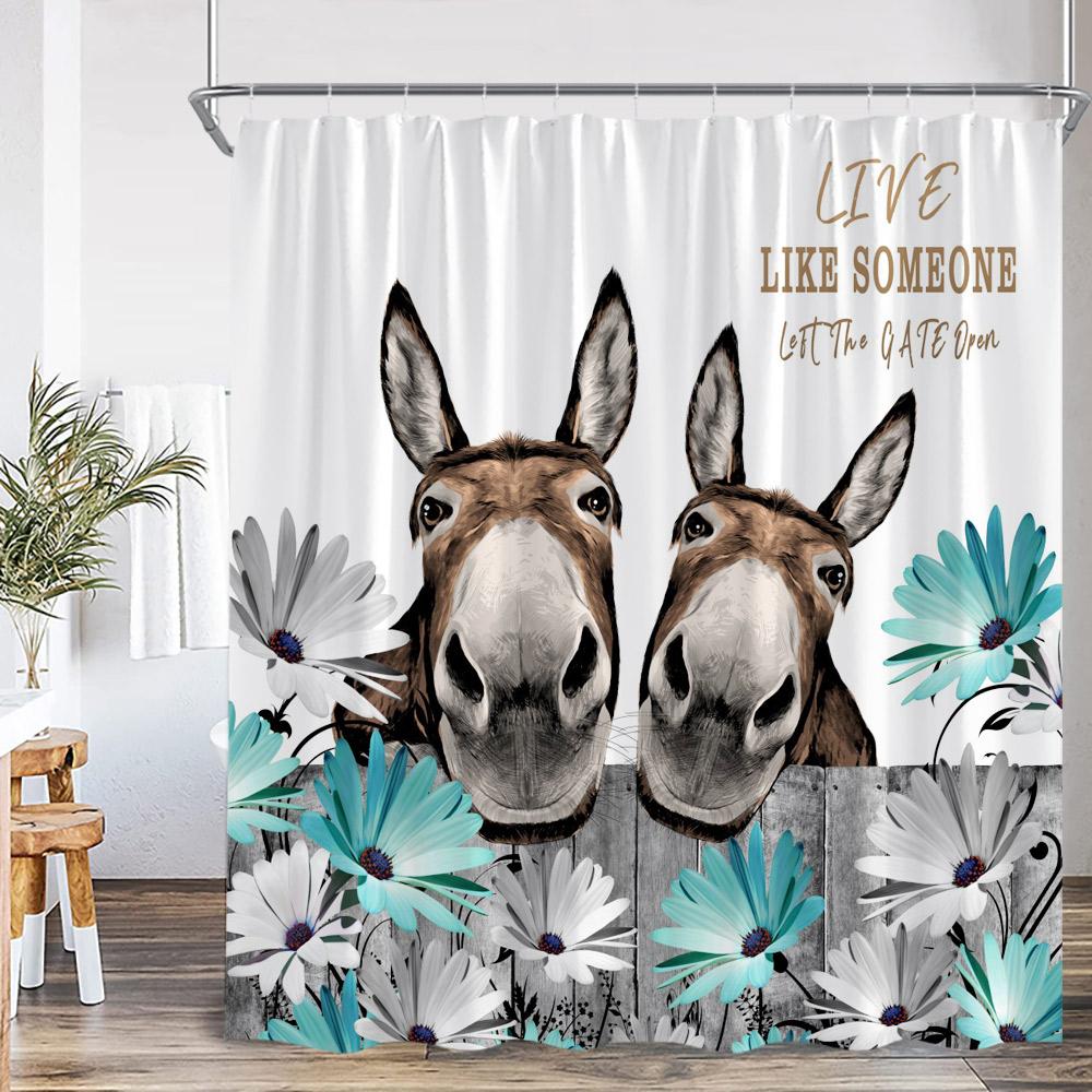 Farm Animal Print Shower Curtainh Funny Highland Cow Donkey Pig Horse Floral Vintage Wooden Plank Fence Retro Bathroom Curtain