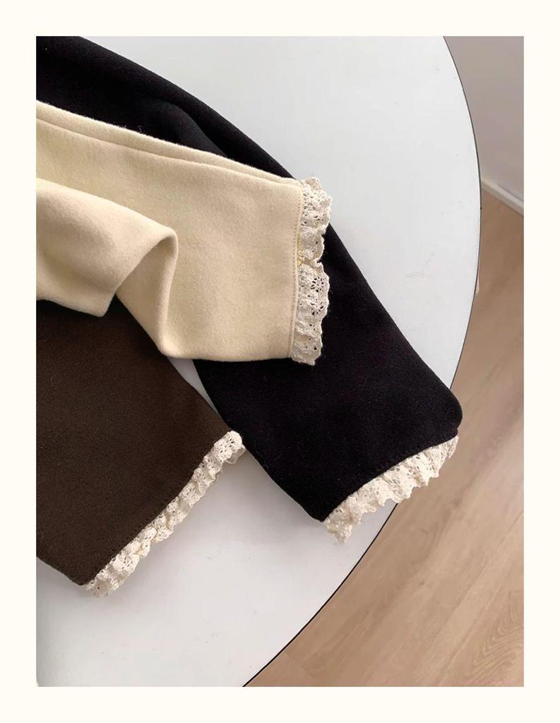 Women's Lace Splice Half-High Collar Base Shirt, Autumn/Winter, De Rong Fleece, Double-Sided Brushed, Slim-Fit, Long-Sleeve Top.