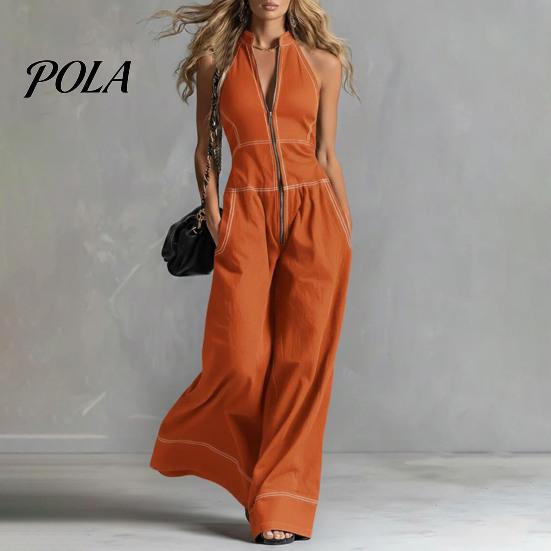 Tuta da donna senza maniche, con zip, colletto alto, pantaloni a gamba larga, Rompers, Abiti estivi casual monopezzo con tasche, Articoli in saldo