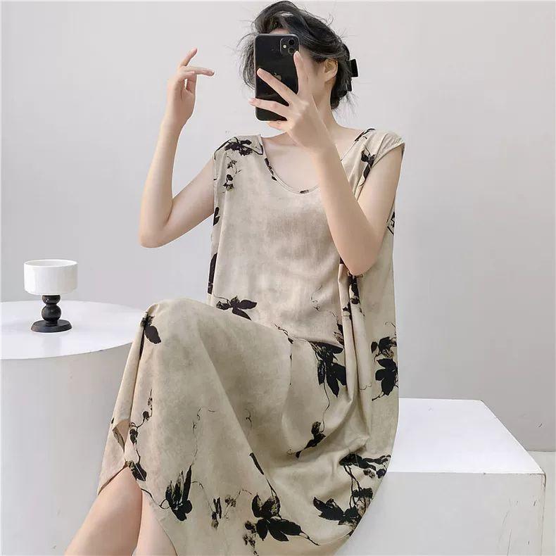Large Size Loose Long Nightgown Simple Lazy Style Printed Sleeveless Tank Dress Sexy V-Neck V-Back Home Clothes Loungewear
