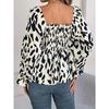 HNXC Autumn and Winter Casual Black Ear-trimmed Square Neck Leopard Print Long-sleeved Chiffon Blouse for Women