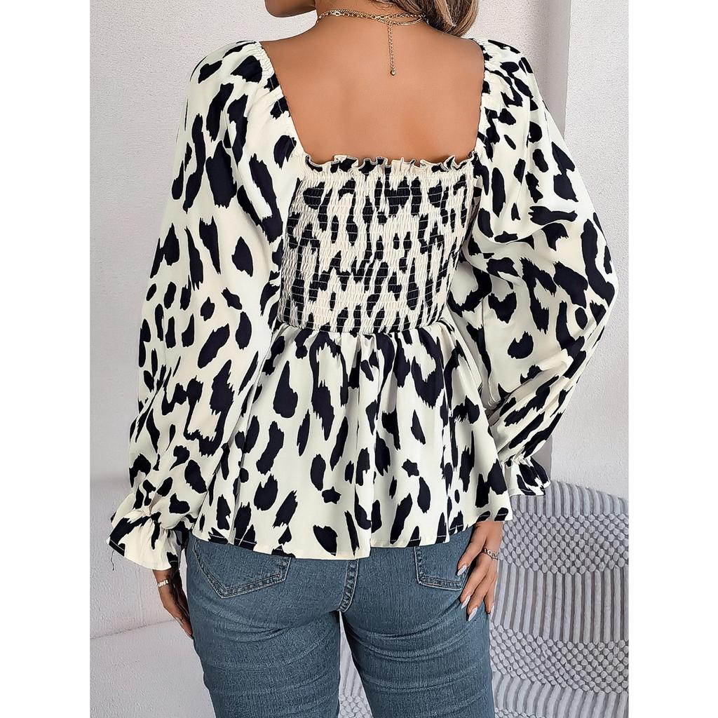 HNXC Autumn and Winter Casual Black Ear-trimmed Square Neck Leopard Print Long-sleeved Chiffon Blouse for Women
