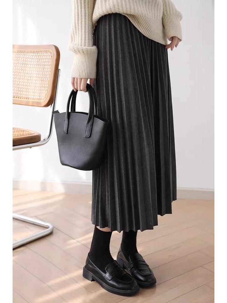 Premium Wool Pleated A-Line Skirt for Women, Korean Style, Versatile for Autumn/Winter, Elegant, High-Quality Midi Length.
