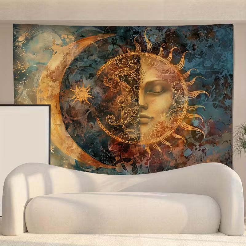 2D Boho Sun Moon Face Wall Tapestry, Mystical Astrology Art Wall Hanging for Home Decoration