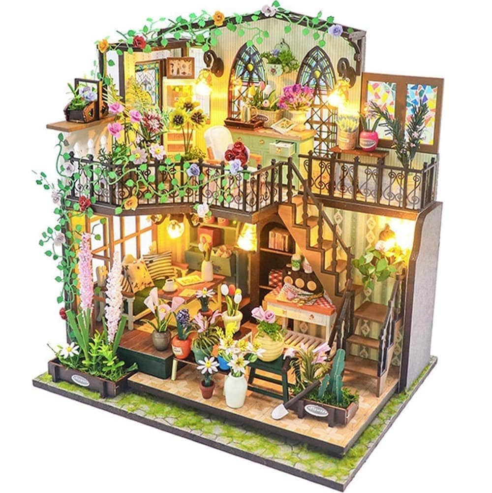 

moin moin Dollhouse Miniature DIY Kit Set Scale Antique Retro Flower Shop Cafe Coffee Shop Plants LED Light Acrylic Case Music Box 2408dh428 1/24