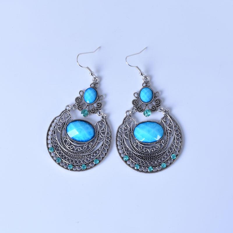 European & American Bohemian Gemstone Pendant Earrings with Retro Hollow Carving