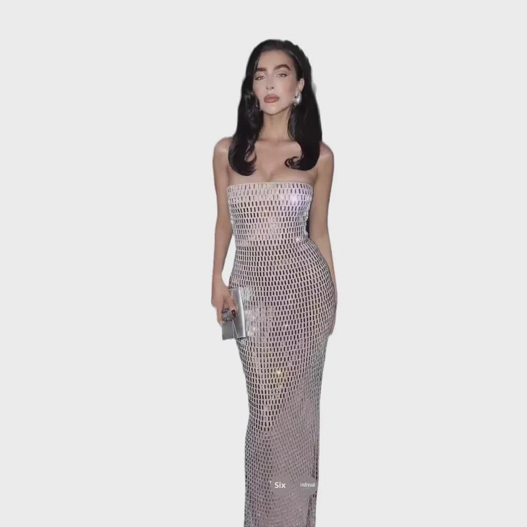 Sparkling Diamond Tube Top Party Dress – Medium-Length Evening Wear