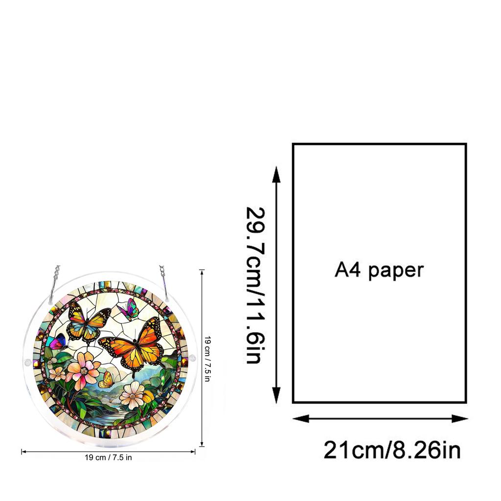 Round Hanging Stained Glass Panel with Butterfly and Floral Pattern for Window or Wall Decoration Indoor Outdoor Use