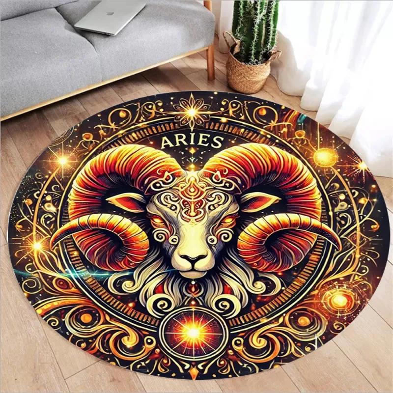 Zodiac Print Round Rugs Kids Room Floor Mats Non-Slip Living Room Rugs Washable Flannel Carpet for Home Decor Mat