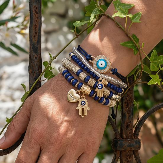 6Pcs/Set Women Bracelet Bohemia Style Elastic Rope Beads Bracelet with Palm Charm Adjustable Length Multi-layer Stackable Bracelets