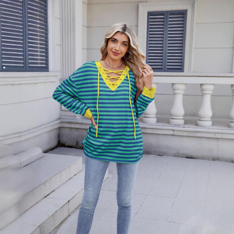 Spring/Summer New Style Striped V-Neck Sweatshirt with Tying Long Sleeve for Women