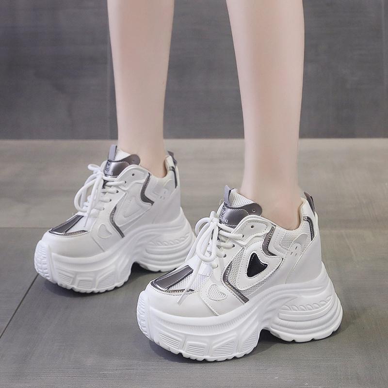 Fashion 10CM Women Casual Leather Shoes New Autumn Breathable Mesh Chunky Sneakers Street Height Increased Shoes Thick Platform Sneakers