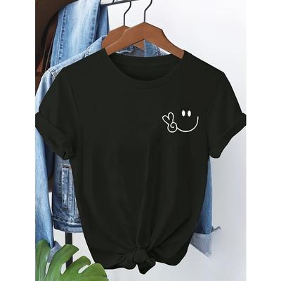 Women's Artistic Print T-Shirt Round Neck Short Sleeve Joyful Face Chest Detail Soft Fabric Regular Fit All-Season Casual Tee