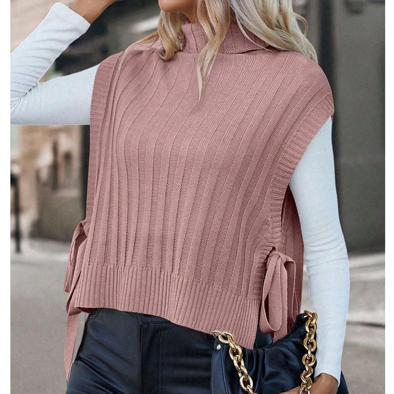 Womens Solid High-Neck Sleeveless Knit Vest With Side Tie Detail Fall Winter Office Chic Layering Top